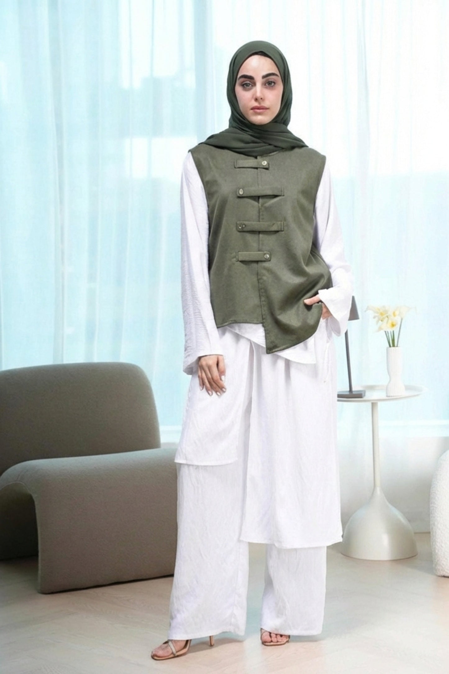 Haroof Set in Olive/White - Arabic calligraphy architectural design - AWAASHI Premier modest fashion