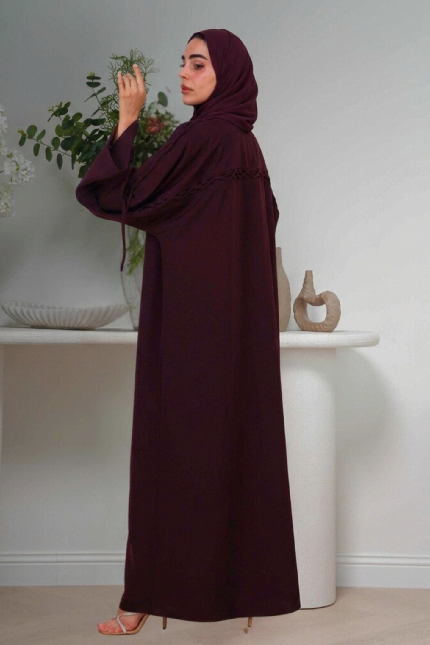 Luxe Abaya in Rich Ruby - Architectural design - AWAASHI Premier modest fashion