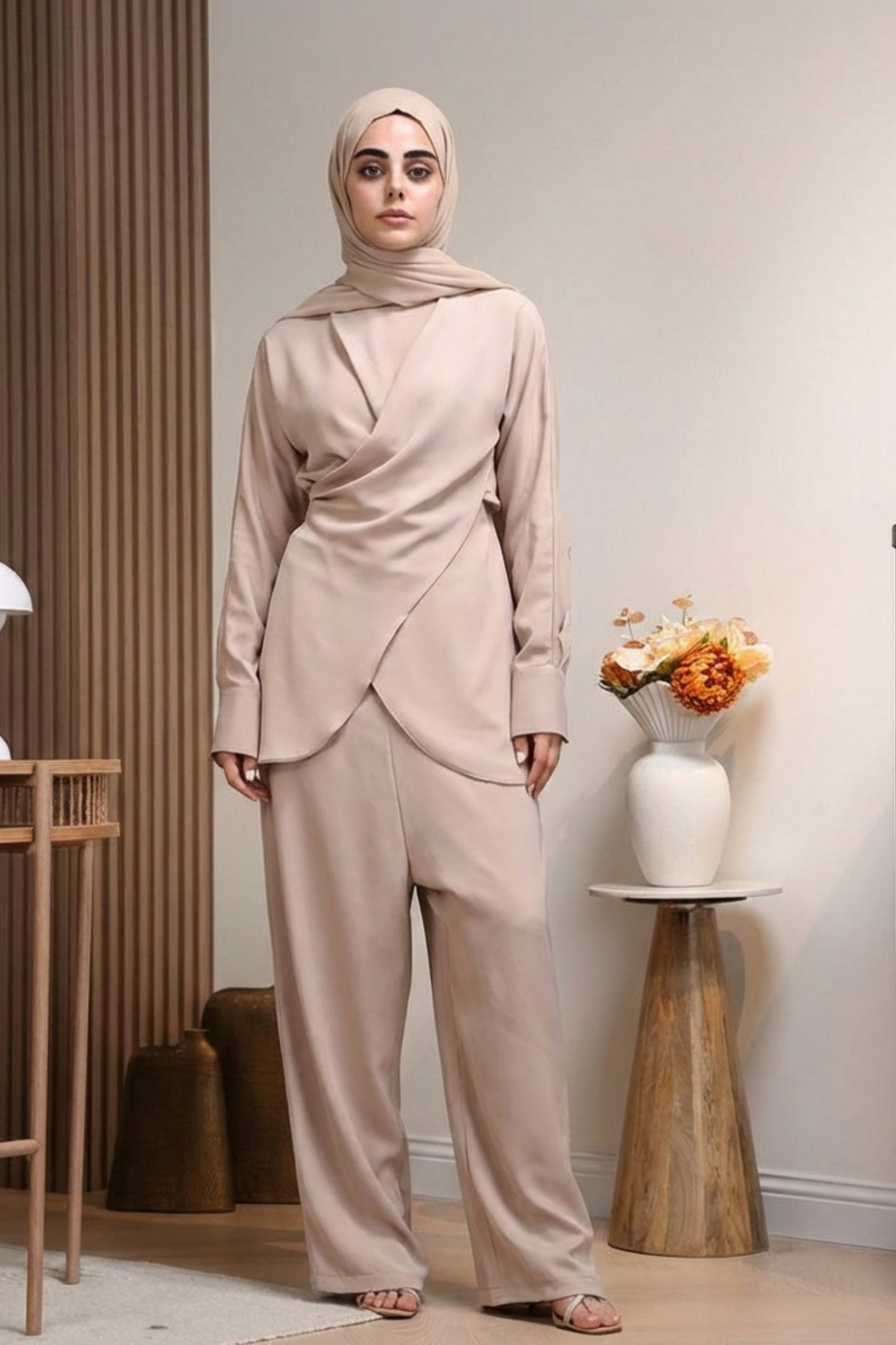 Essence Set in Beige - Essential architectural design - AWAASHI Premier modest fashion