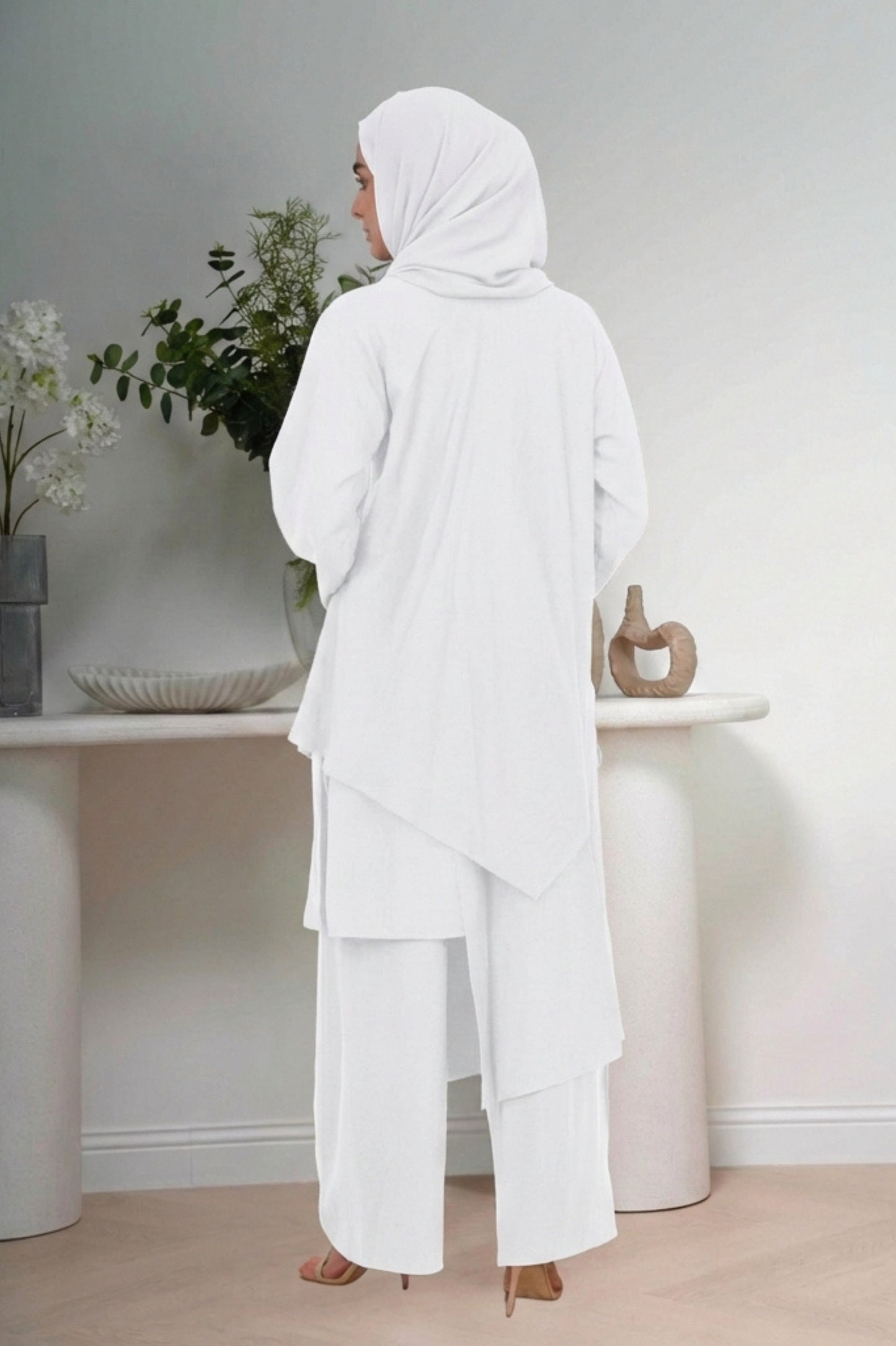 Haroof Two Piece Set in White - Back view - Arabic calligraphy architectural design - AWAASHI Premier modest fashion