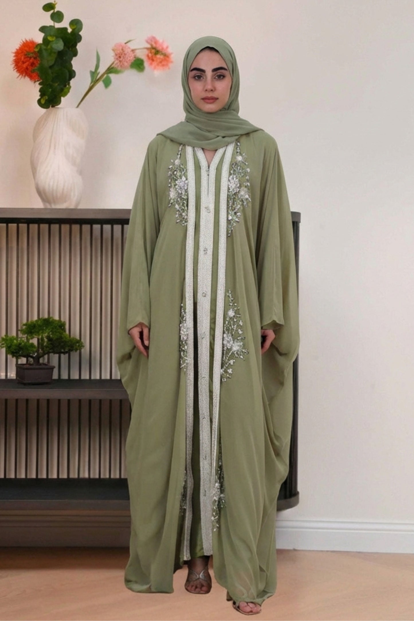 Jazmin Kaftan in Olive - Elegant kaftan design - AWAASHI Premier modest fashion
