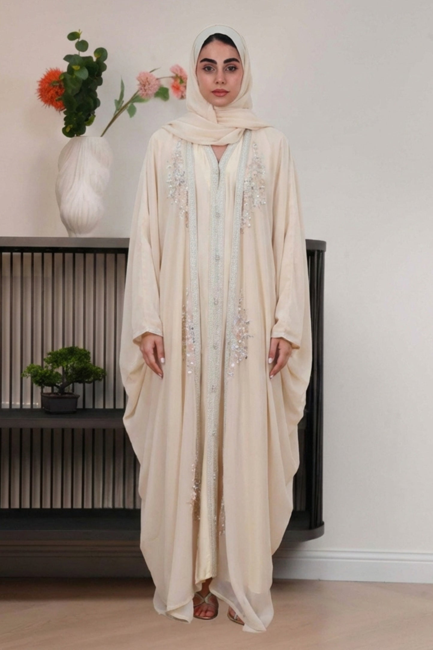 Jazmin Kaftan in Beige - Elegant kaftan design - AWAASHI Premier modest fashion
