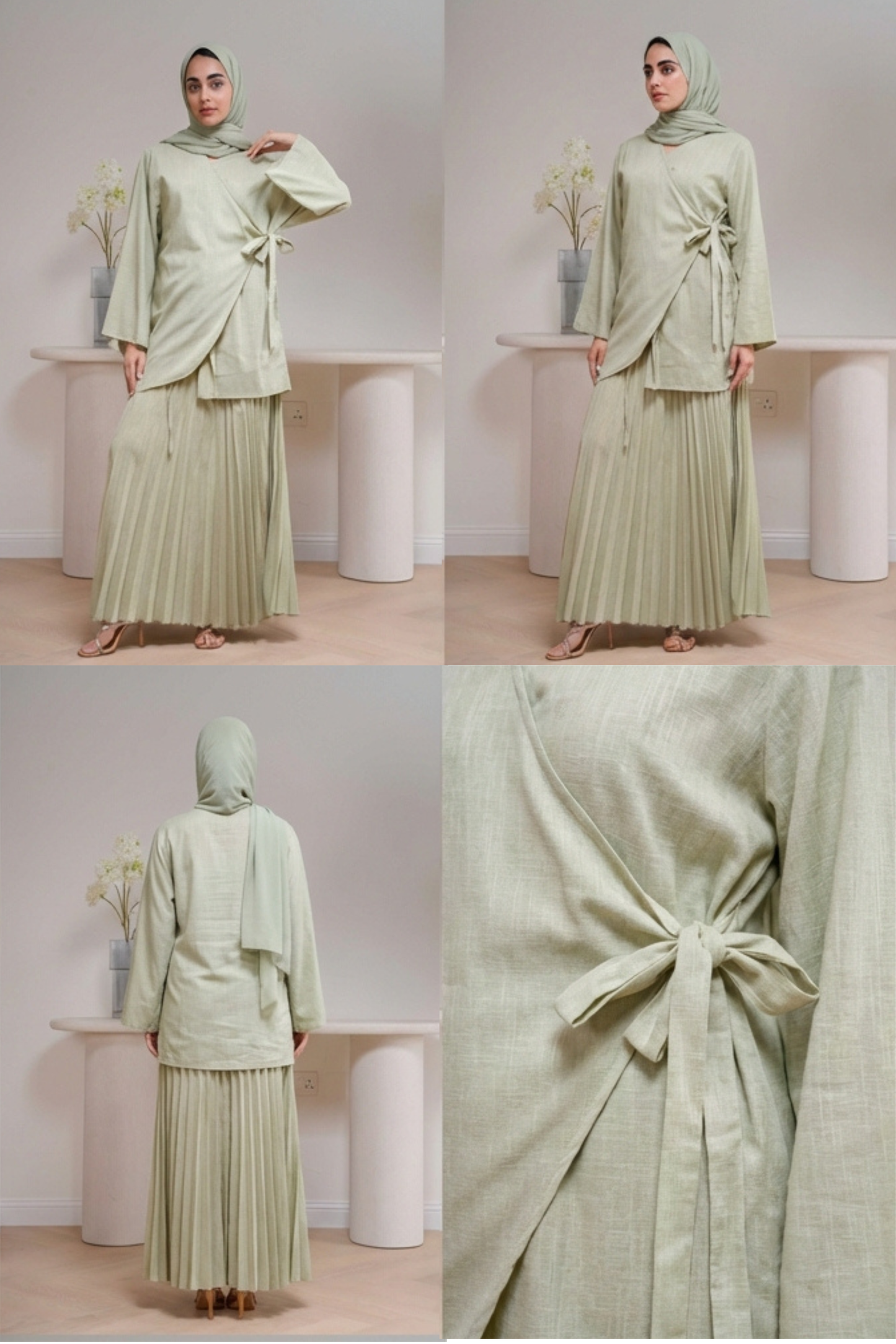 Plissé Set in Sage - Detail view - Pleated architectural design - AWAASHI Premier modest fashion