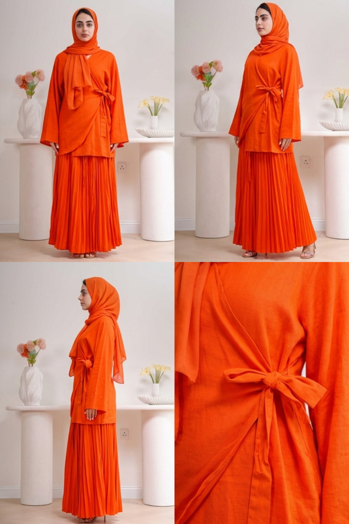 Plissé Set in Terracotta - Detail view - Pleated architectural design - AWAASHI Premier modest fashion
