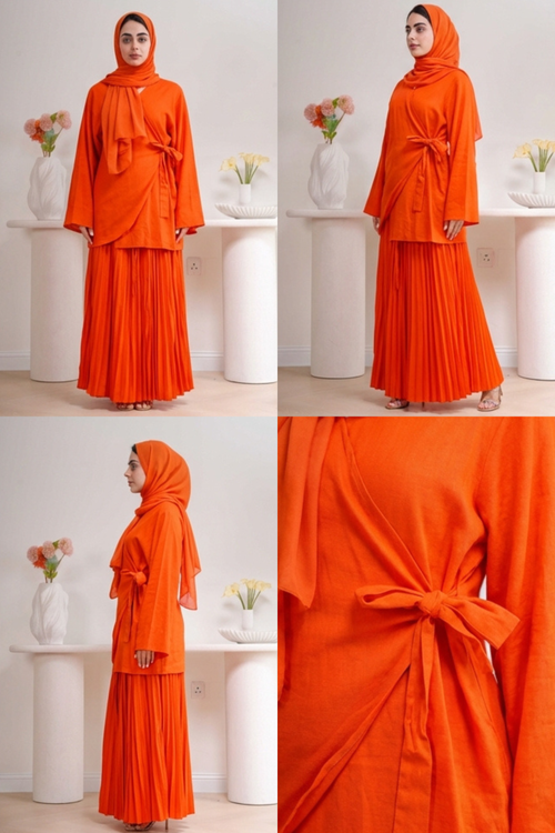 Load image 1 in gallery view. Plissé Set in Terracotta - Detail view - Pleated architectural design - AWAASHI Premier modest fashion
