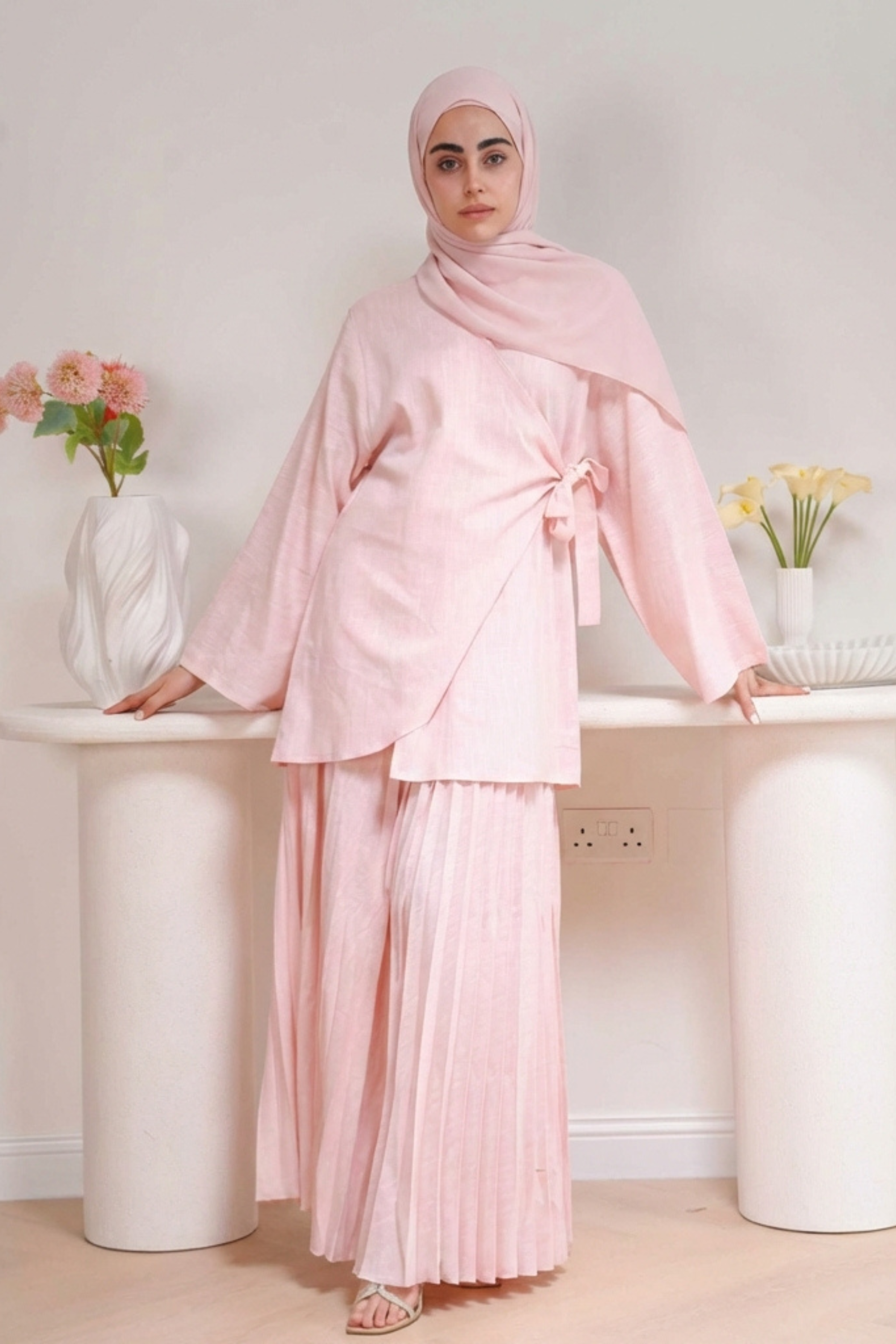 Plissé Set in Blush - Front view - Pleated architectural design - AWAASHI Premier modest fashion
