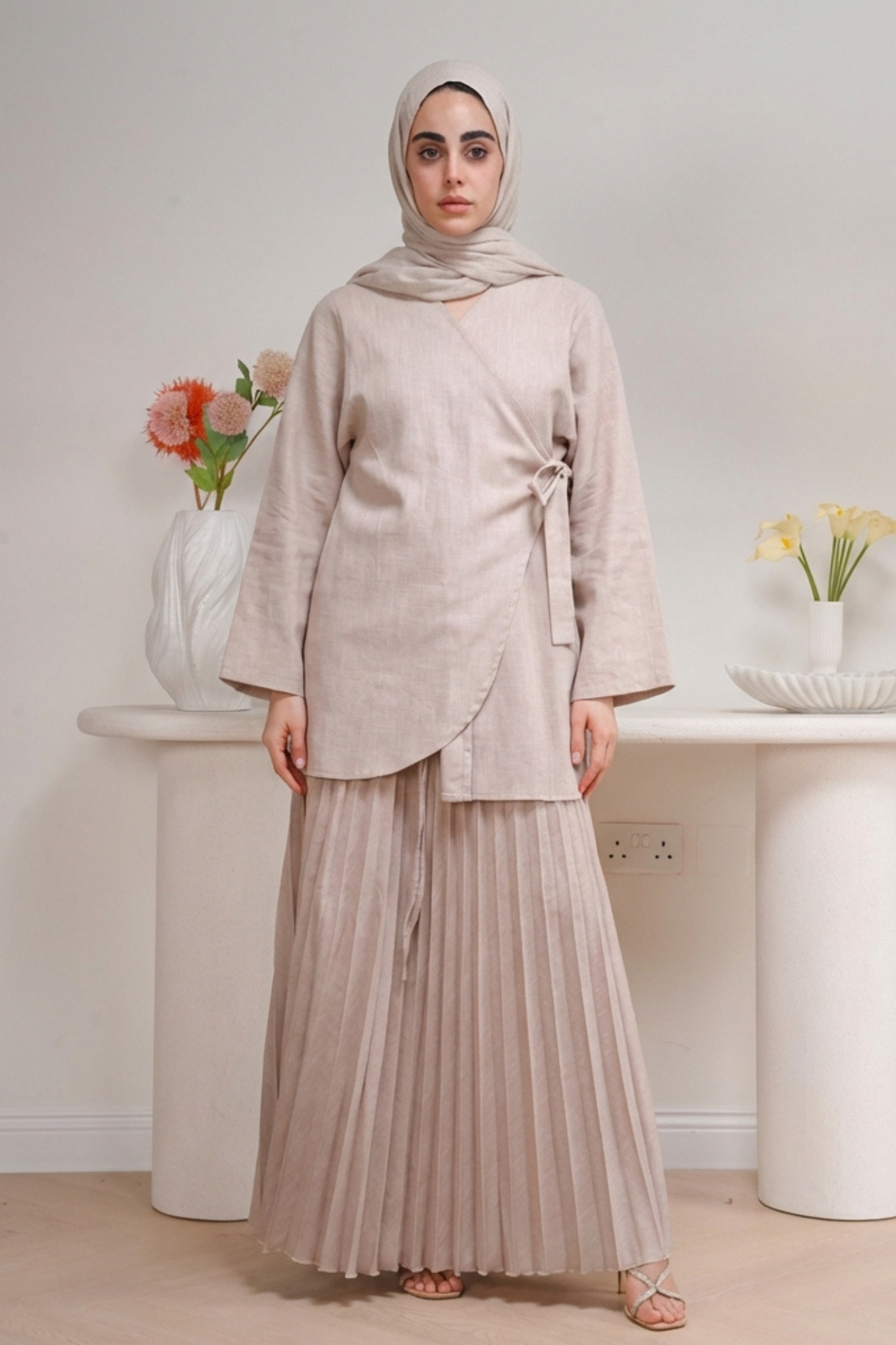 Plissé Set in Sand - Front view - Pleated architectural design - AWAASHI Premier modest fashion
