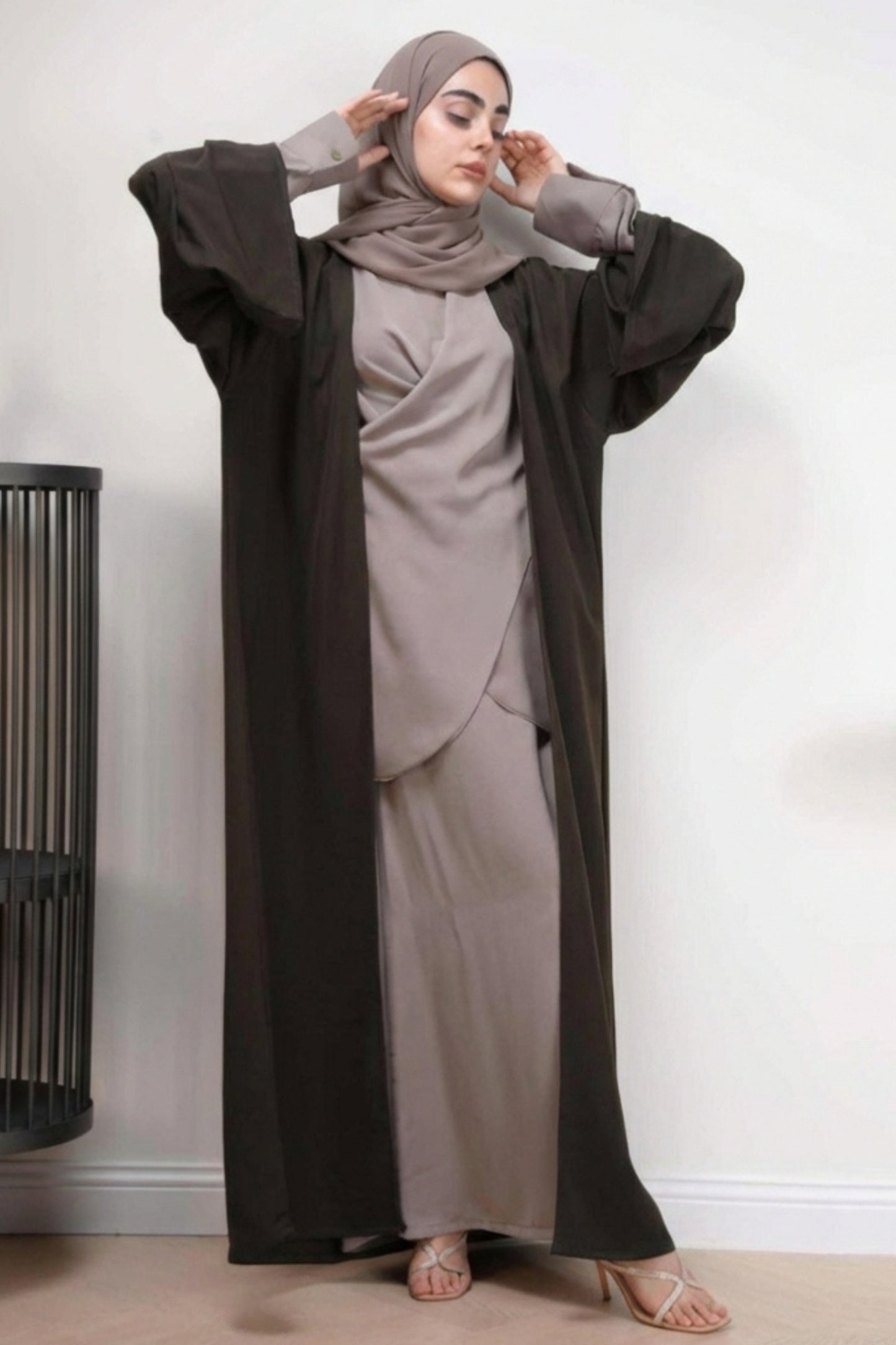 Olive Flow abaya - Flowing architectural design - AWAASHI Premier modest fashion
