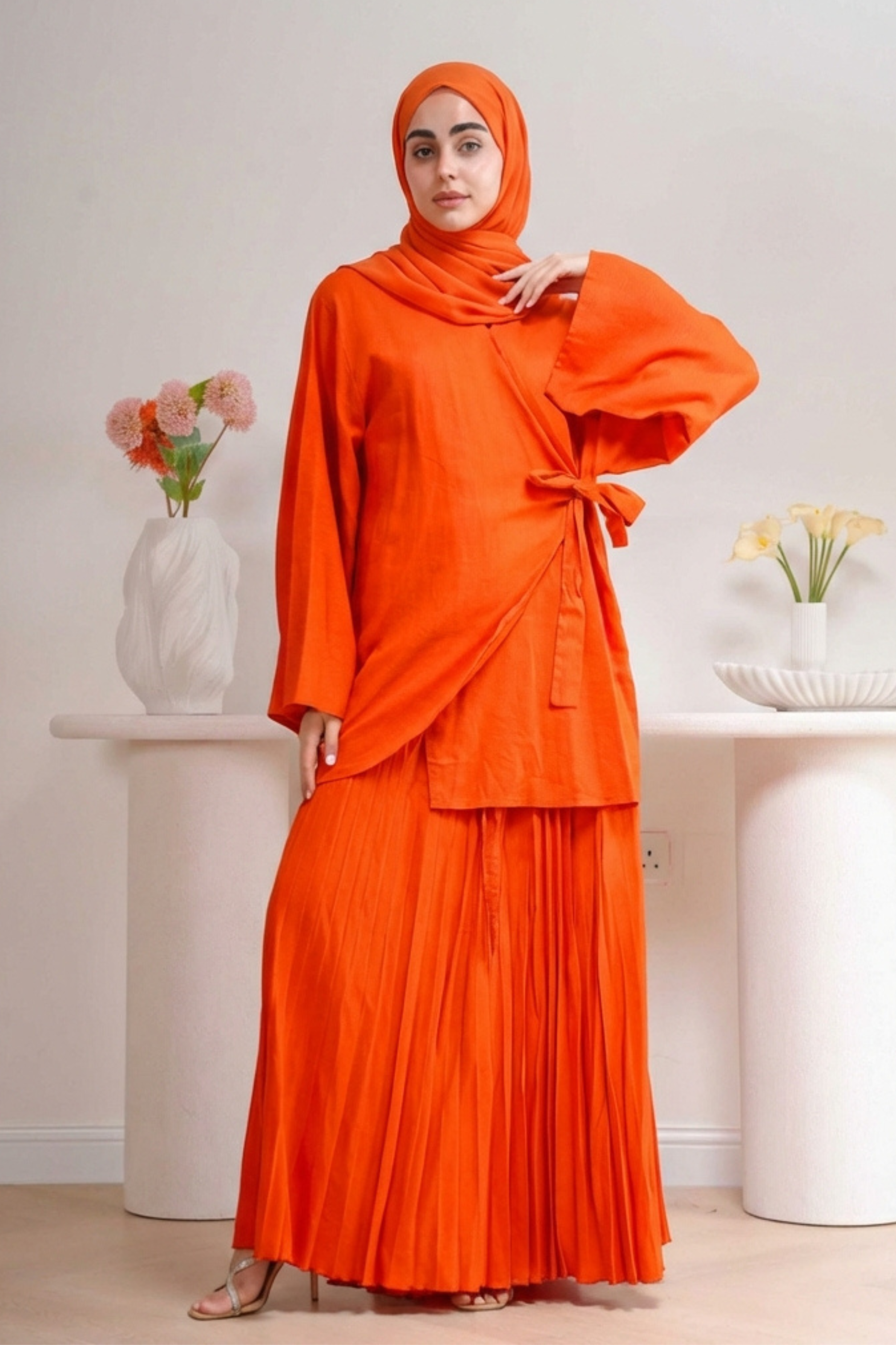 Plissé Set in Terracotta  - Front view - Pleated architectural design - AWAASHI Premier modest fashion