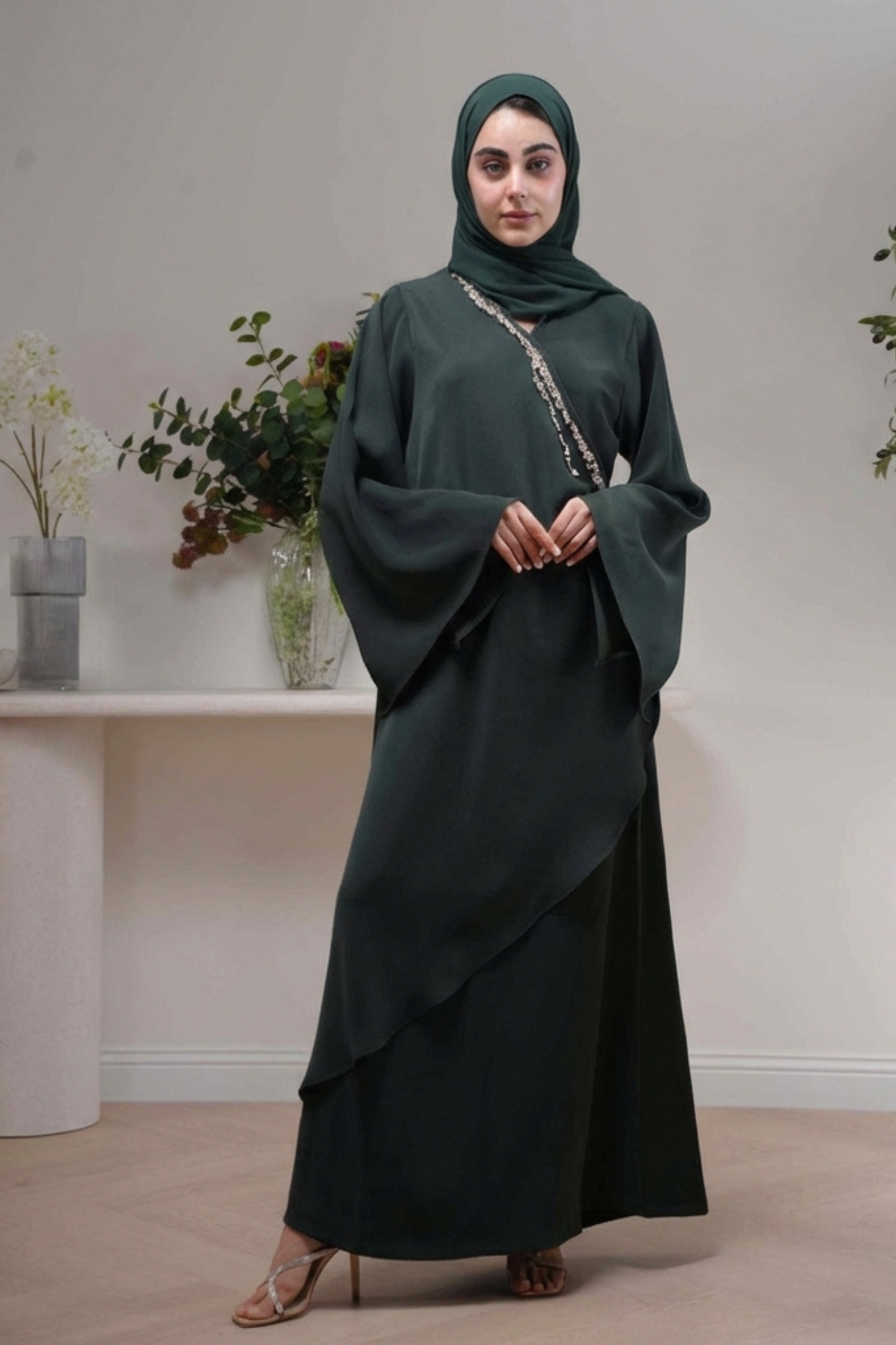 Radiance Wrap in Emerald - Architectural draping design - AWAASHI Premier modest fashion
