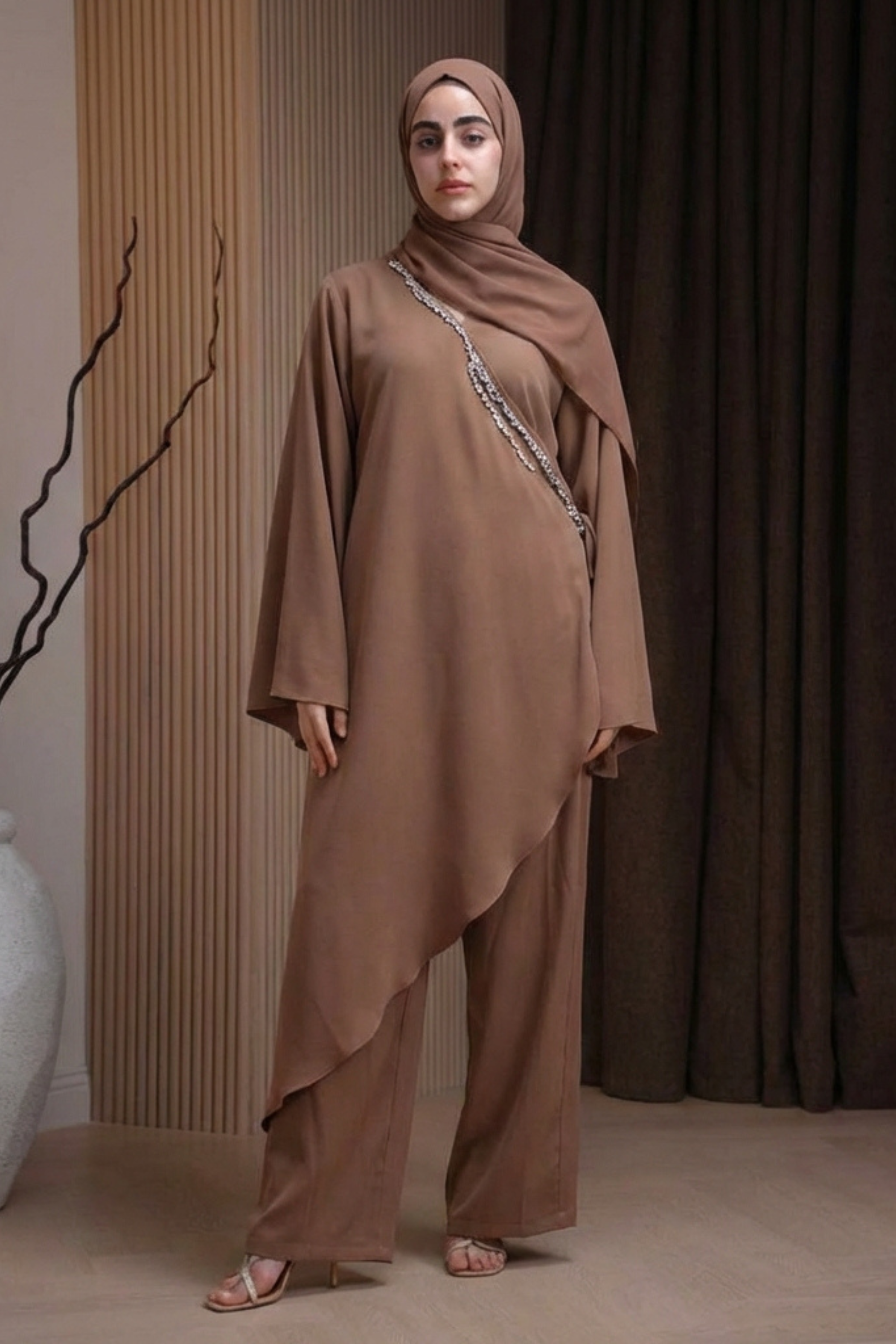 Radiance Wrap in Camel - Architectural draping design - AWAASHI Premier modest fashion
