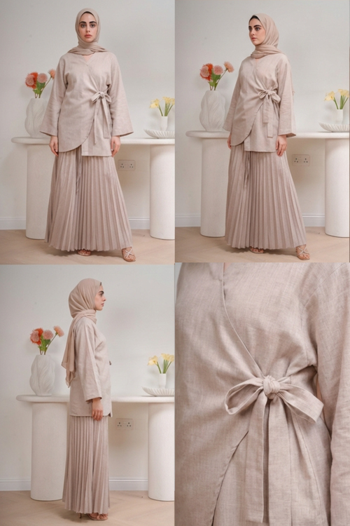 Load image 1 in gallery view. Plissé Set in Sand - Detail view - Pleated architectural design - AWAASHI Premier modest fashion
