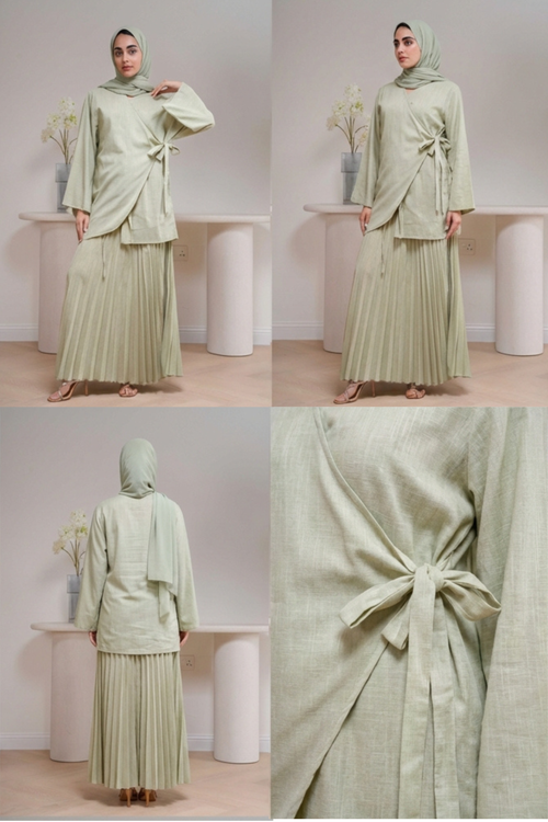 Load image 1 in gallery view. Plissé Set in Sage - Detail view - Pleated architectural design - AWAASHI Premier modest fashion
