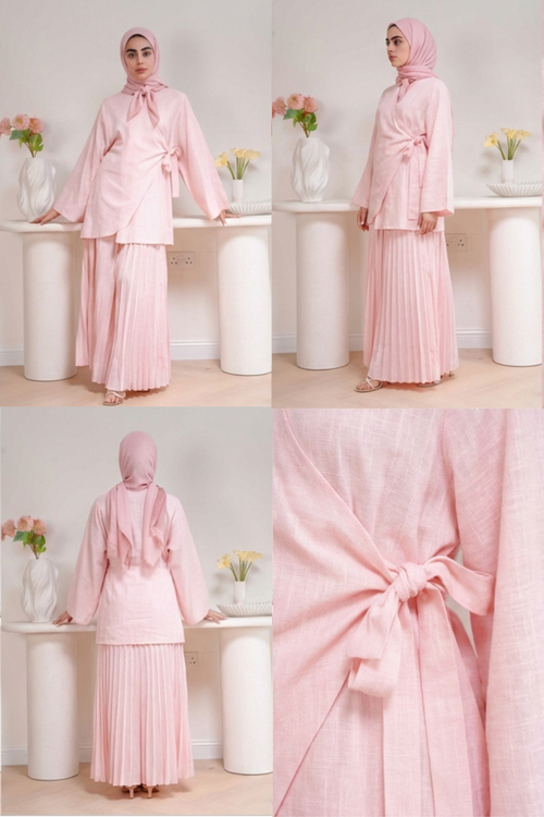 Charger l'image 1 dans la vue galerie. Plissé Set in Blush - Detail view - Pleated architectural design - AWAASHI Premier modest fashion
