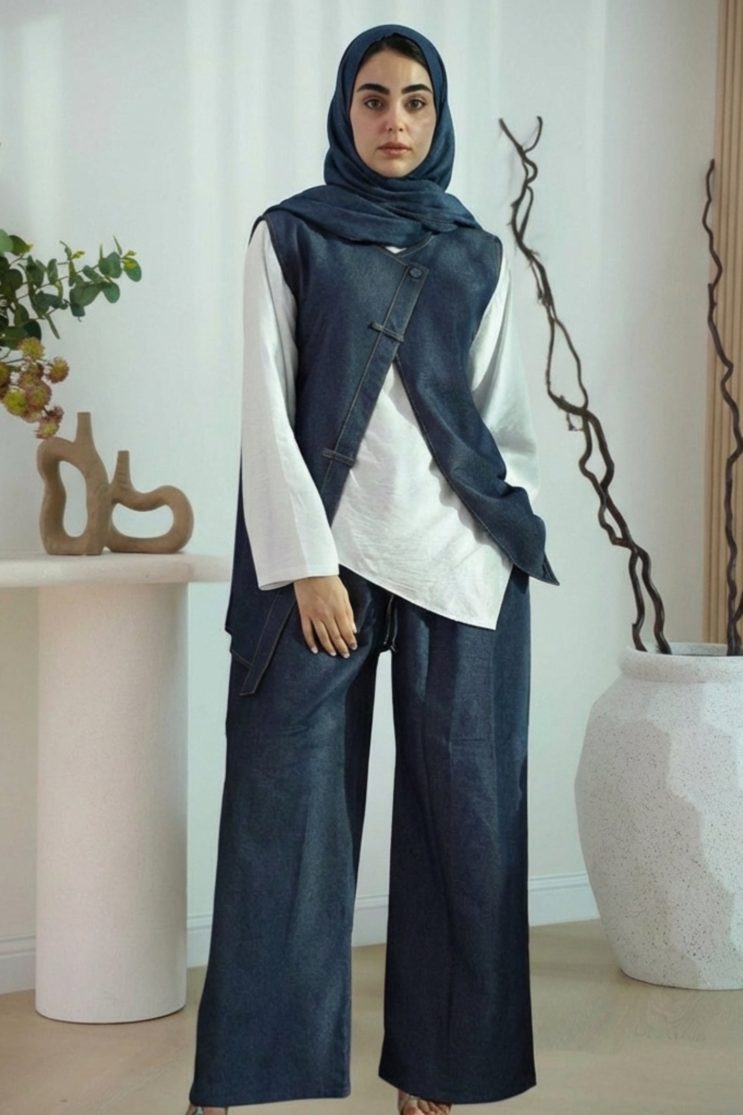 Indigo Layered Set in Midnight Blue - Layered architectural design - AWAASHI Premier modest fashion
